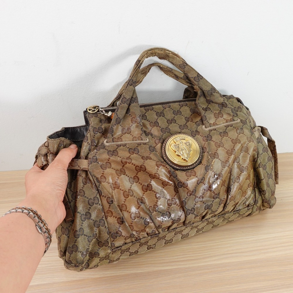1950s VINTAGE Gucci Logo GG Canvas Bag‎ Beige Crest Hysteria Top Handle DEFECT